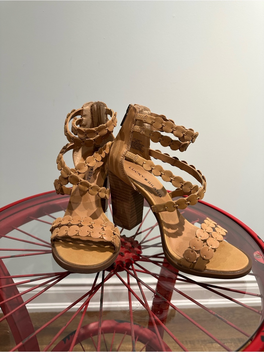 Lucky Brand Tan Floral-Trim Block Heel Sandals